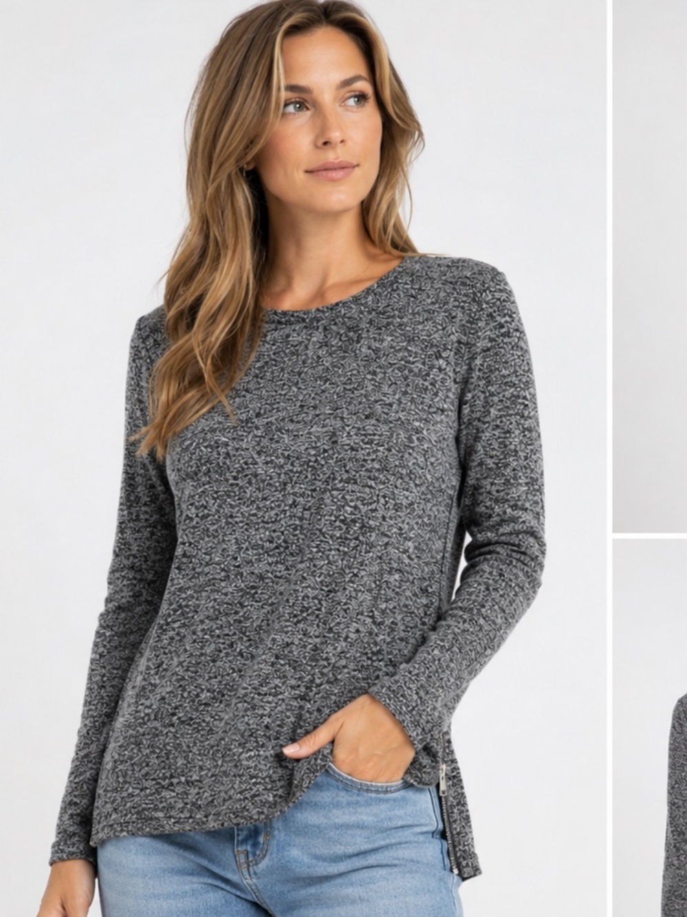 Kama Gray Marled Zip Side Knit Top Women’s Medium Long Sleeve